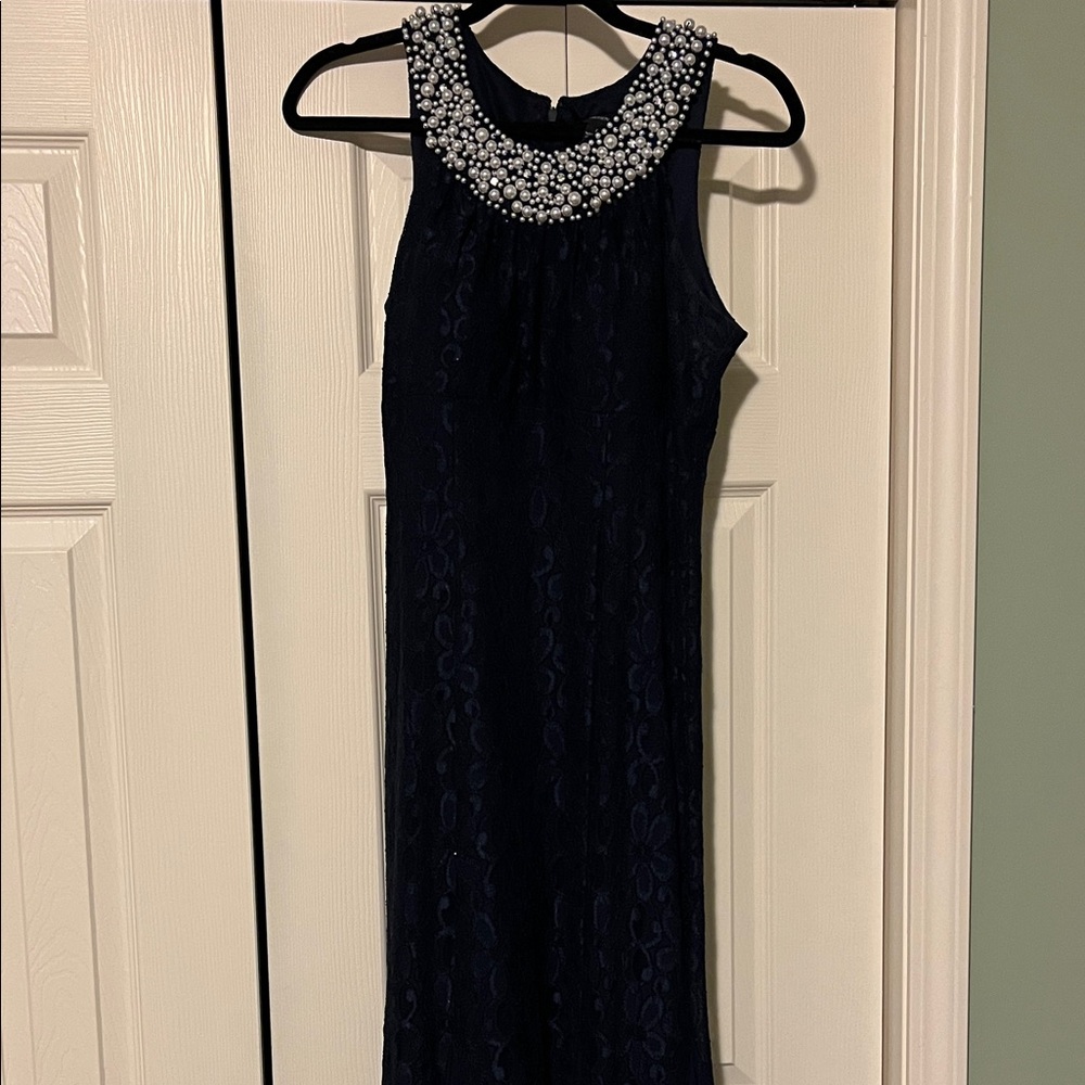 R&M Richards Navy Maxi Dress with Pearl Embellished Collar